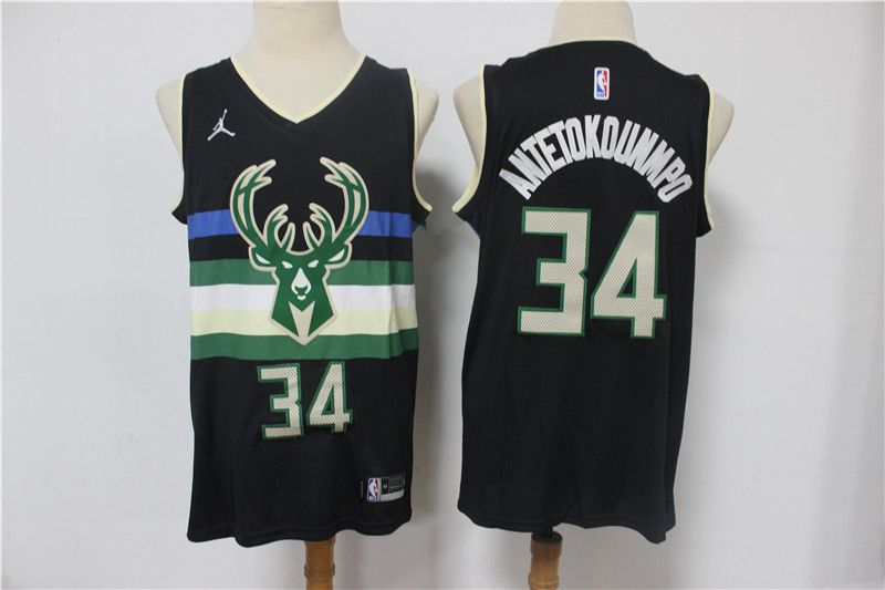 Men Milwaukee Bucks 34 Antetokounmpo Black With Jordan logo Game 2021 NBA Jerseys